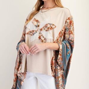 Easel Floral Embroidered Beige Top with Paisley Sleeves
